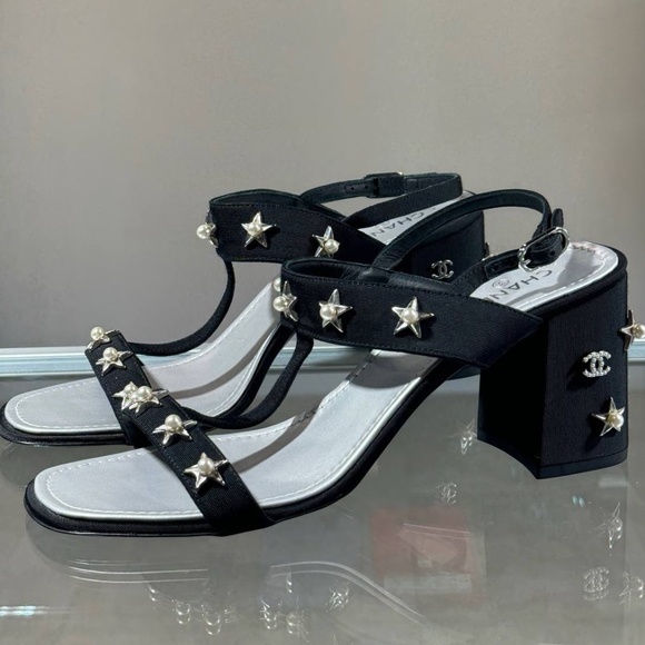 NEW Chanel Black Fabric Leather Pearl Block Heel Star Sandals Shoes - 39 - Picture 9 of 15